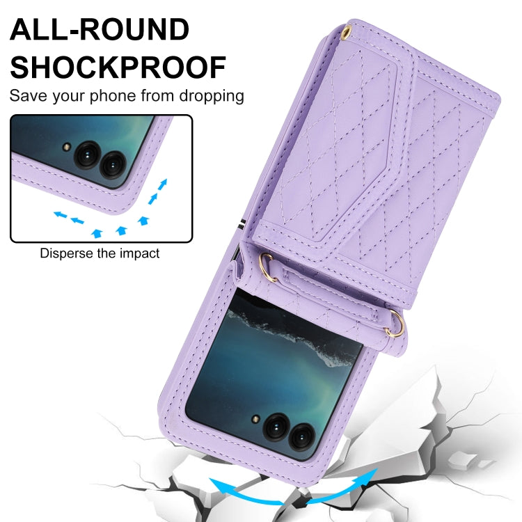 For Motorola Razr 40 Ultra Splicing Rhombic Texture Phone Case with Long & Short Lanyard(Purple) - Motorola Cases by buy2fix | Online Shopping UK | buy2fix
