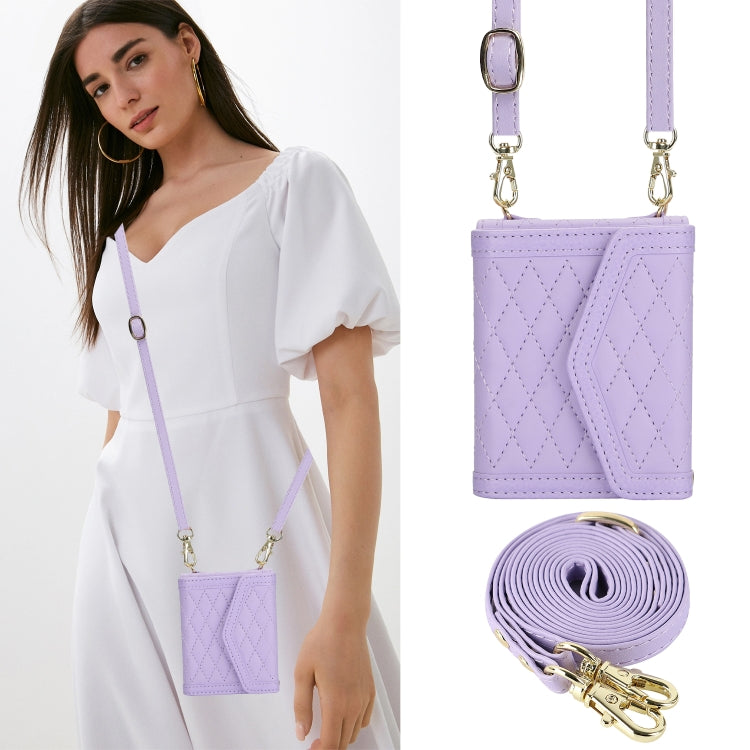 For Motorola Razr 40 Ultra Splicing Rhombic Texture Phone Case with Long & Short Lanyard(Purple) - Motorola Cases by buy2fix | Online Shopping UK | buy2fix
