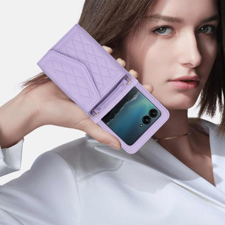 For Motorola Razr 40 Ultra Splicing Rhombic Texture Phone Case with Long & Short Lanyard(Purple) - Motorola Cases by buy2fix | Online Shopping UK | buy2fix