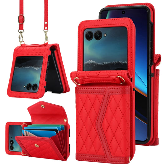 For Motorola Razr 40 Ultra Splicing Rhombic Texture Phone Case with Long & Short Lanyard(Red) - Motorola Cases by buy2fix | Online Shopping UK | buy2fix