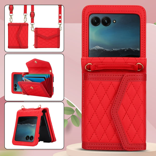 For Motorola Razr 40 Ultra Splicing Rhombic Texture Phone Case with Long & Short Lanyard(Red) - Motorola Cases by buy2fix | Online Shopping UK | buy2fix