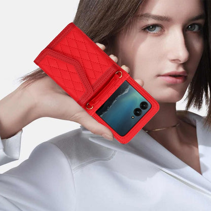 For Motorola Razr 40 Ultra Splicing Rhombic Texture Phone Case with Long & Short Lanyard(Red) - Motorola Cases by buy2fix | Online Shopping UK | buy2fix