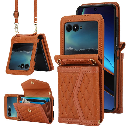 For Motorola Razr 40 Ultra Splicing Rhombic Texture Phone Case with Long & Short Lanyard(Brown) - Motorola Cases by buy2fix | Online Shopping UK | buy2fix