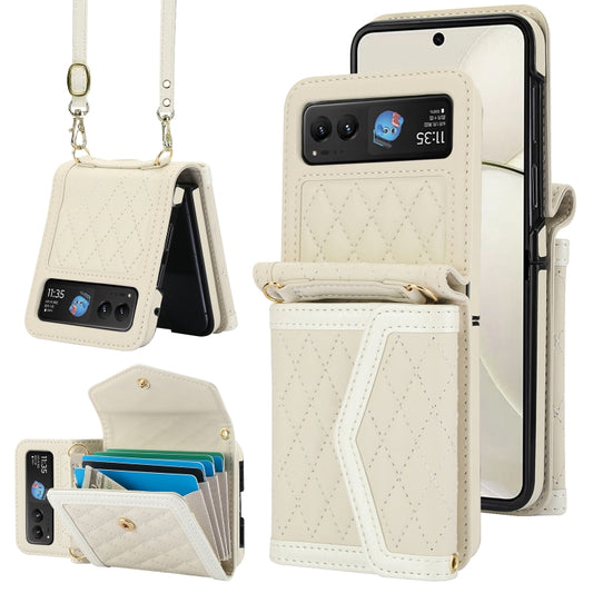 For Motorola Razr 40 Splicing Rhombic Texture Phone Case with Long & Short Lanyard(Beige) by buy2fix