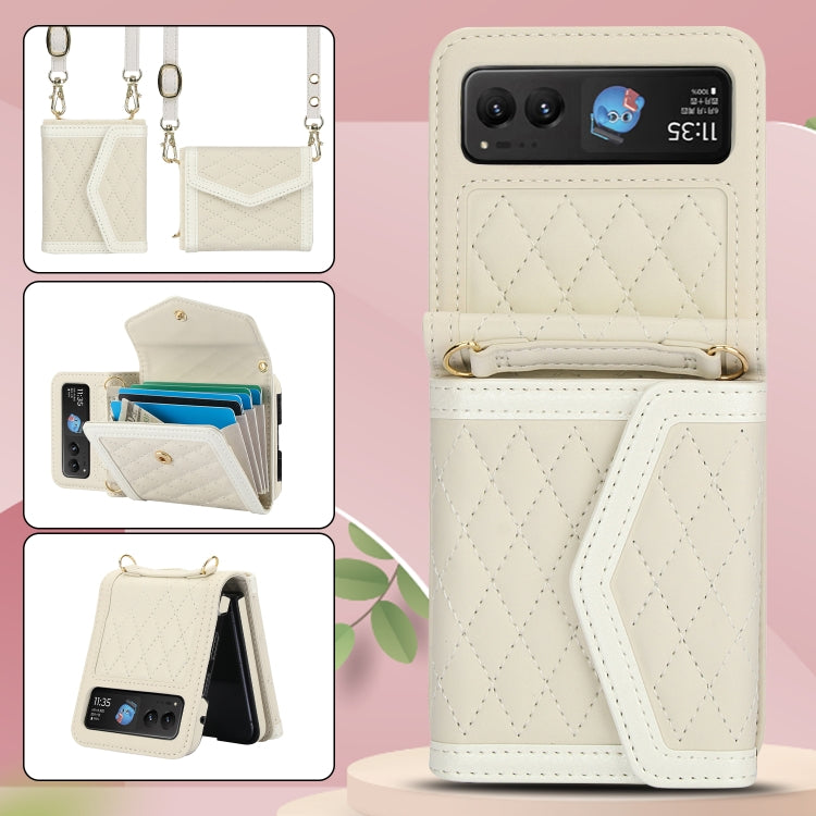 For Motorola Razr 40 Splicing Rhombic Texture Phone Case with Long & Short Lanyard(Beige) by buy2fix