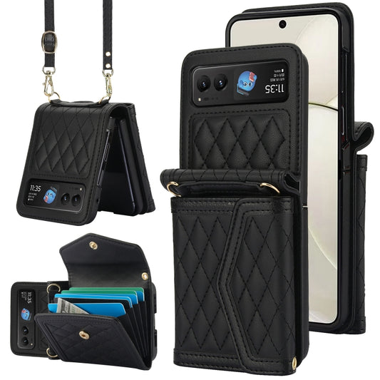 For Motorola Razr 40 Splicing Rhombic Texture Phone Case with Long & Short Lanyard(Black) - Motorola Cases by buy2fix | Online Shopping UK | buy2fix