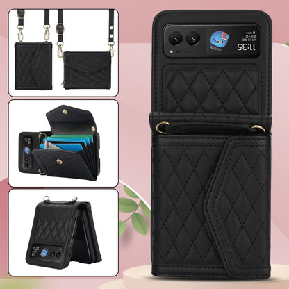 For Motorola Razr 40 Splicing Rhombic Texture Phone Case with Long & Short Lanyard(Black) - Motorola Cases by buy2fix | Online Shopping UK | buy2fix