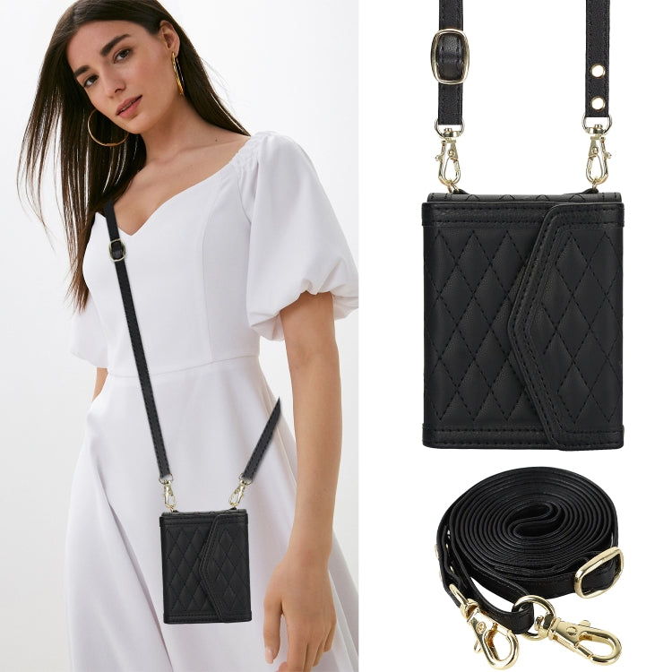 For Motorola Razr 40 Splicing Rhombic Texture Phone Case with Long & Short Lanyard(Black) - Motorola Cases by buy2fix | Online Shopping UK | buy2fix