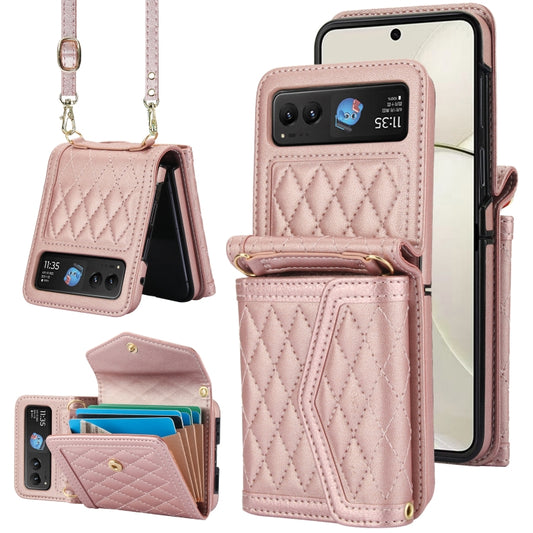 For Motorola Razr 40 Splicing Rhombic Texture Phone Case with Long & Short Lanyard(Rose Gold) - Motorola Cases by buy2fix | Online Shopping UK | buy2fix