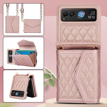 For Motorola Razr 40 Splicing Rhombic Texture Phone Case with Long & Short Lanyard(Rose Gold) - Motorola Cases by buy2fix | Online Shopping UK | buy2fix