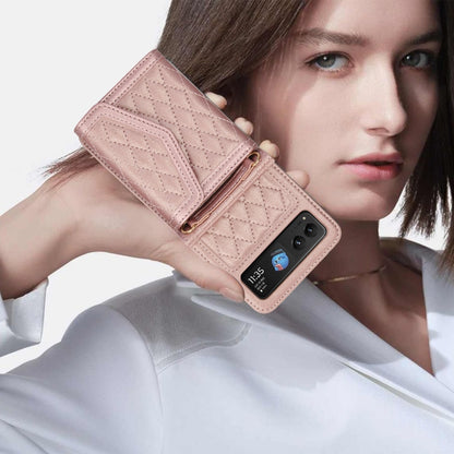 For Motorola Razr 40 Splicing Rhombic Texture Phone Case with Long & Short Lanyard(Rose Gold) - Motorola Cases by buy2fix | Online Shopping UK | buy2fix