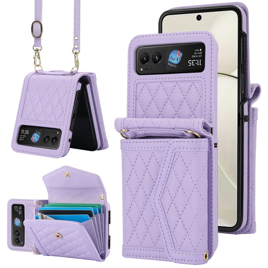 For Motorola Razr 40 Splicing Rhombic Texture Phone Case with Long & Short Lanyard(Purple) - Motorola Cases by buy2fix | Online Shopping UK | buy2fix