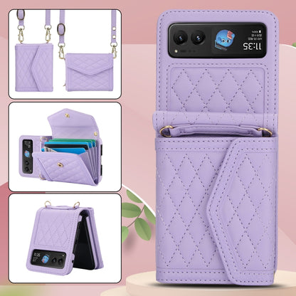 For Motorola Razr 40 Splicing Rhombic Texture Phone Case with Long & Short Lanyard(Purple) - Motorola Cases by buy2fix | Online Shopping UK | buy2fix