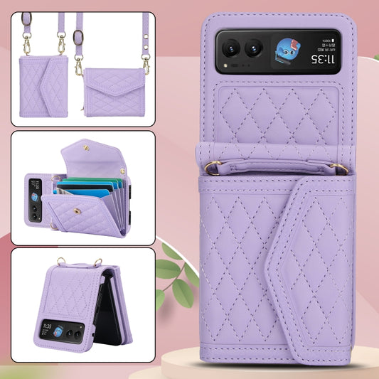 For Motorola Razr 40 Splicing Rhombic Texture Phone Case with Long & Short Lanyard(Purple) - Motorola Cases by buy2fix | Online Shopping UK | buy2fix