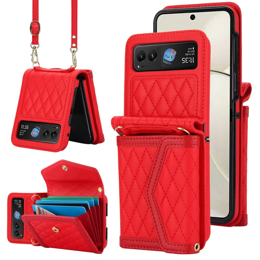 For Motorola Razr 40 Splicing Rhombic Texture Phone Case with Long & Short Lanyard(Red) - Motorola Cases by buy2fix | Online Shopping UK | buy2fix