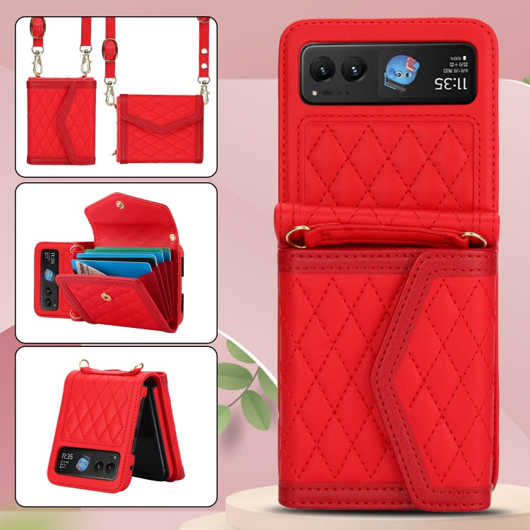For Motorola Razr 40 Splicing Rhombic Texture Phone Case with Long & Short Lanyard(Red) - Motorola Cases by buy2fix | Online Shopping UK | buy2fix