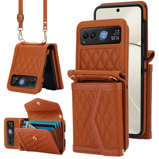 For Motorola Razr 40 Splicing Rhombic Texture Phone Case with Long & Short Lanyard(Brown) - Motorola Cases by buy2fix | Online Shopping UK | buy2fix