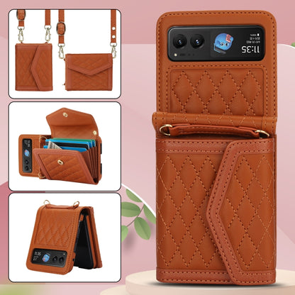 For Motorola Razr 40 Splicing Rhombic Texture Phone Case with Long & Short Lanyard(Brown) - Motorola Cases by buy2fix | Online Shopping UK | buy2fix