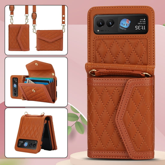 For Motorola Razr 40 Splicing Rhombic Texture Phone Case with Long & Short Lanyard(Brown) - Motorola Cases by buy2fix | Online Shopping UK | buy2fix