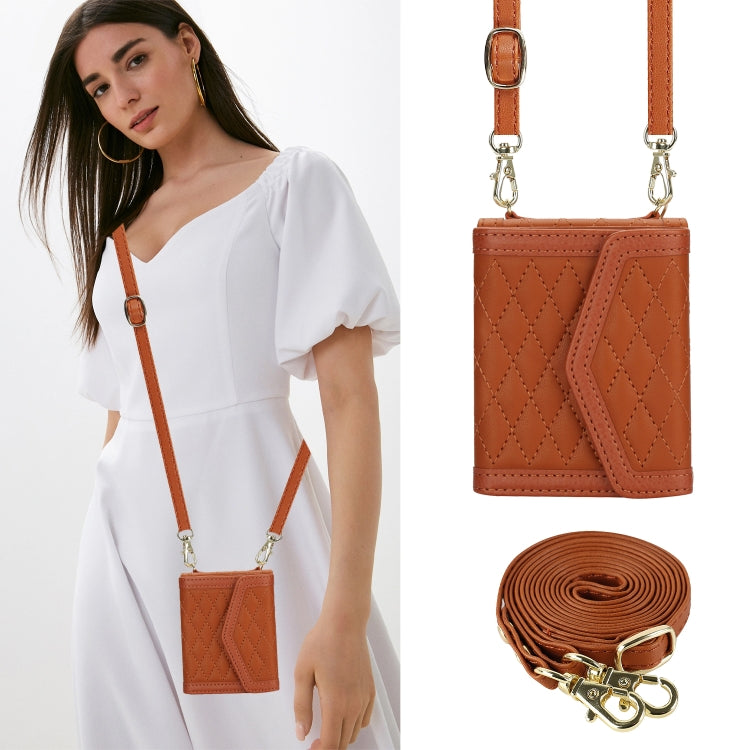 For Motorola Razr 40 Splicing Rhombic Texture Phone Case with Long & Short Lanyard(Brown) - Motorola Cases by buy2fix | Online Shopping UK | buy2fix