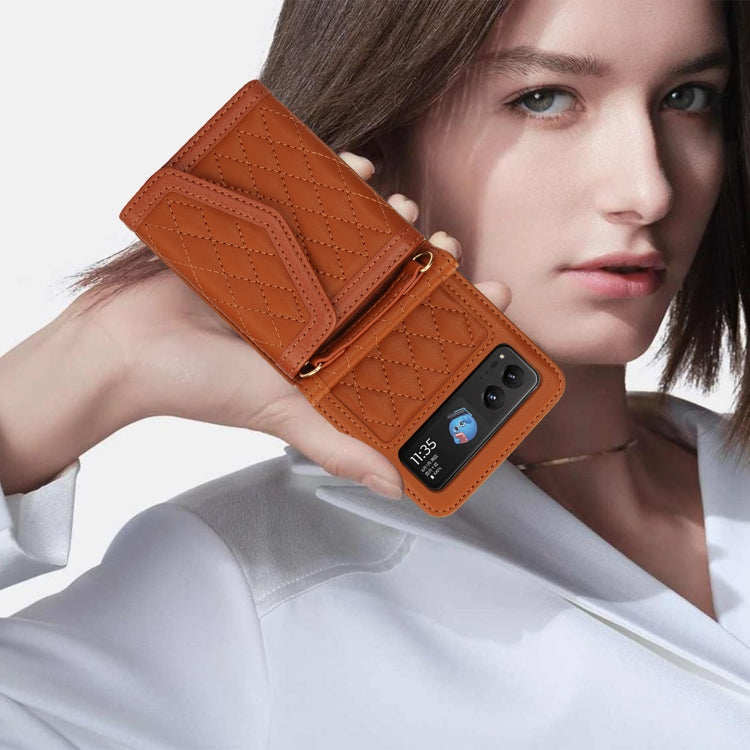 For Motorola Razr 40 Splicing Rhombic Texture Phone Case with Long & Short Lanyard(Brown) - Motorola Cases by buy2fix | Online Shopping UK | buy2fix