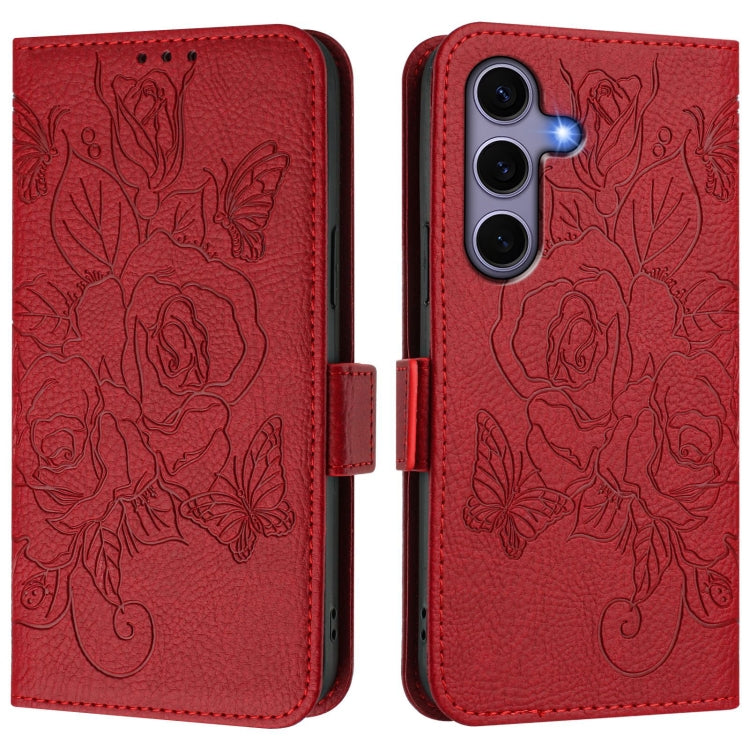 For Samsung Galaxy S25 5G Embossed Rose RFID Anti-theft Leather Phone Case(Red) by buy2fix