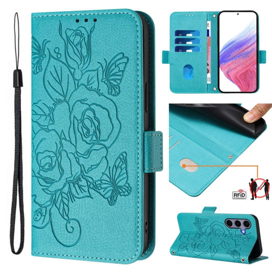 For Samsung Galaxy S25 5G Embossed Rose RFID Anti-theft Leather Phone Case(Light Blue) by buy2fix