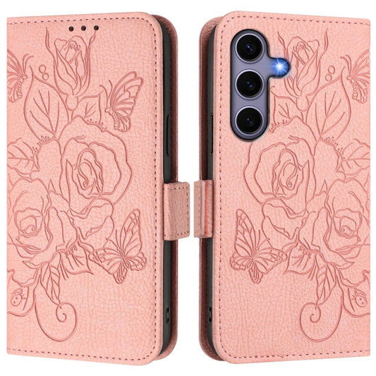For Samsung Galaxy S25 5G Embossed Rose RFID Anti-theft Leather Phone Case(Pink) by buy2fix