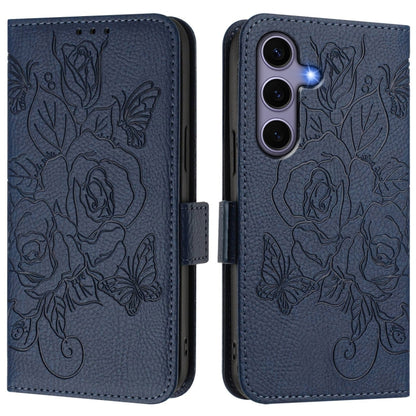 For Samsung Galaxy S25 5G Embossed Rose RFID Anti-theft Leather Phone Case(Dark Blue) by buy2fix
