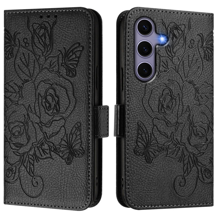 For Samsung Galaxy S25 5G Embossed Rose RFID Anti-theft Leather Phone Case(Black) by buy2fix
