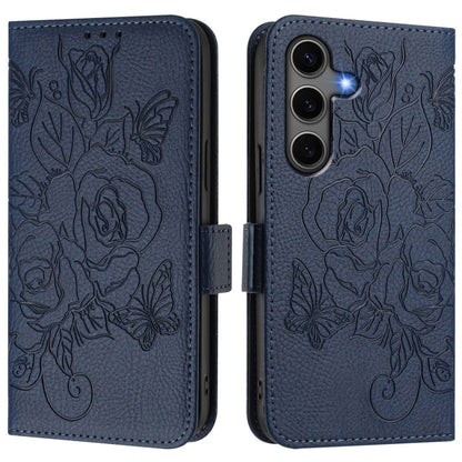 For Samsung Galaxy S25+ 5G Embossed Rose RFID Anti-theft Leather Phone Case(Dark Blue) by buy2fix