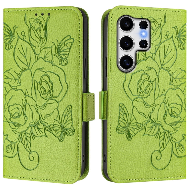 For Samsung Galaxy S25 Ultra 5G Embossed Rose RFID Anti-theft Leather Phone Case(Green) by buy2fix