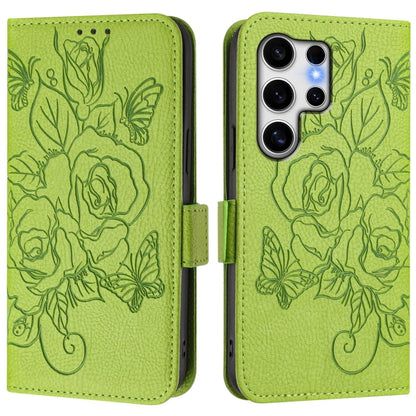 For Samsung Galaxy S25 Ultra 5G Embossed Rose RFID Anti-theft Leather Phone Case(Green) by buy2fix