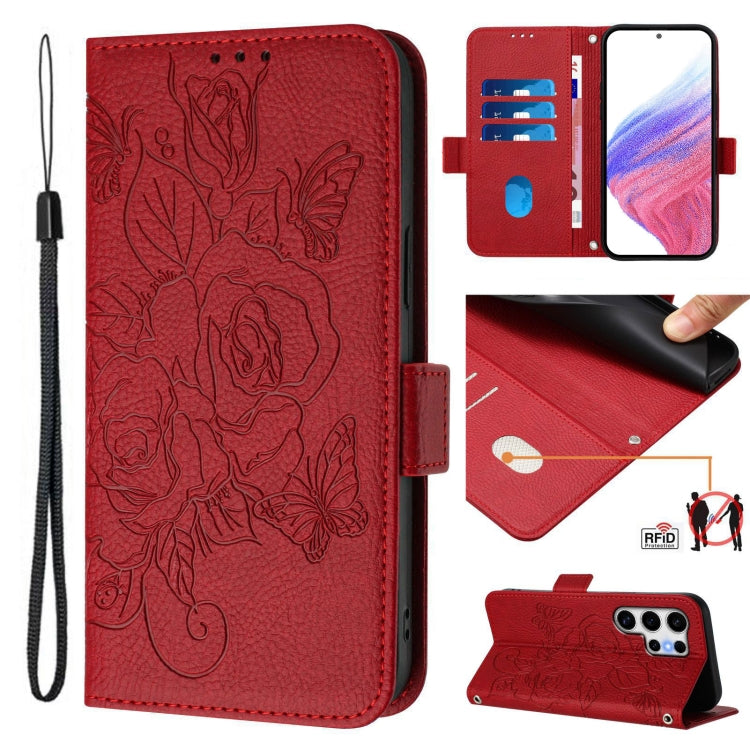 For Samsung Galaxy S25 Ultra 5G Embossed Rose RFID Anti-theft Leather Phone Case(Red) by buy2fix