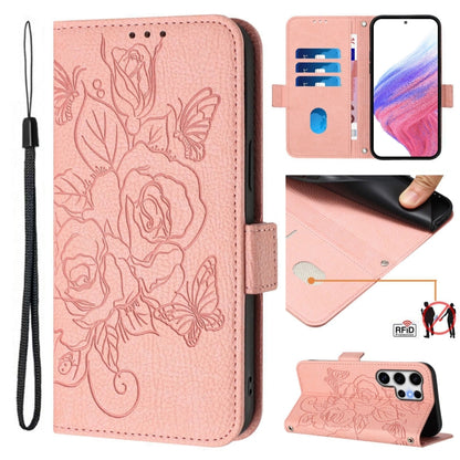 For Samsung Galaxy S25 Ultra 5G Embossed Rose RFID Anti-theft Leather Phone Case(Pink) by buy2fix