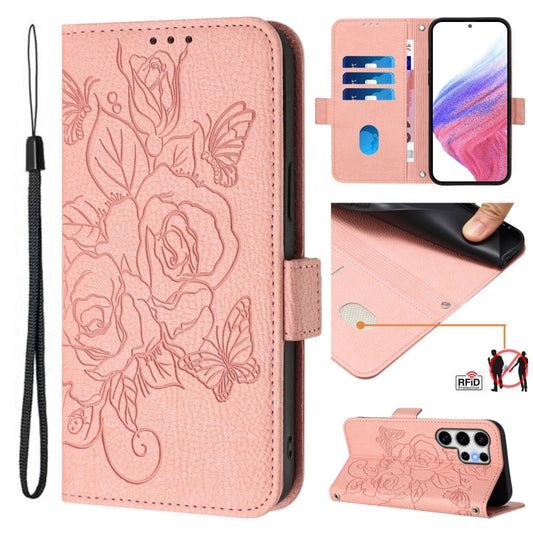 For Samsung Galaxy S25 Ultra 5G Embossed Rose RFID Anti-theft Leather Phone Case(Pink) by buy2fix