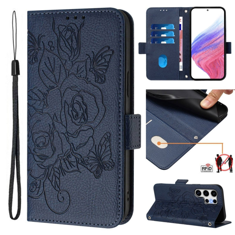 For Samsung Galaxy S25 Ultra 5G Embossed Rose RFID Anti-theft Leather Phone Case(Dark Blue) by buy2fix