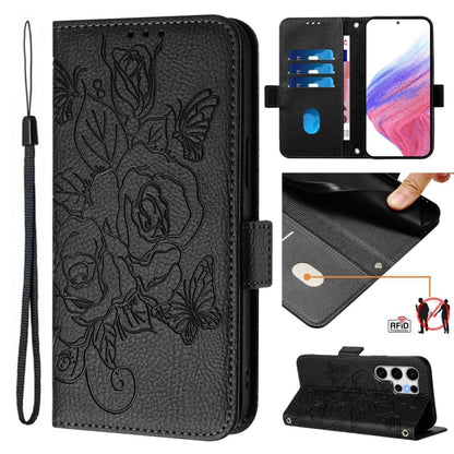 For Samsung Galaxy S25 Ultra 5G Embossed Rose RFID Anti-theft Leather Phone Case(Black) by buy2fix