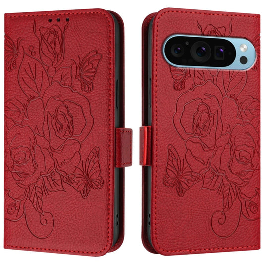 For Google Pixel 9 / 9 Pro Embossed Rose RFID Anti-theft Leather Phone Case(Red) by buy2fix