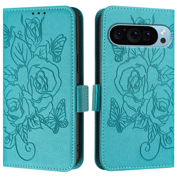 For Google Pixel 9 / 9 Pro Embossed Rose RFID Anti-theft Leather Phone Case(Light Blue) by buy2fix