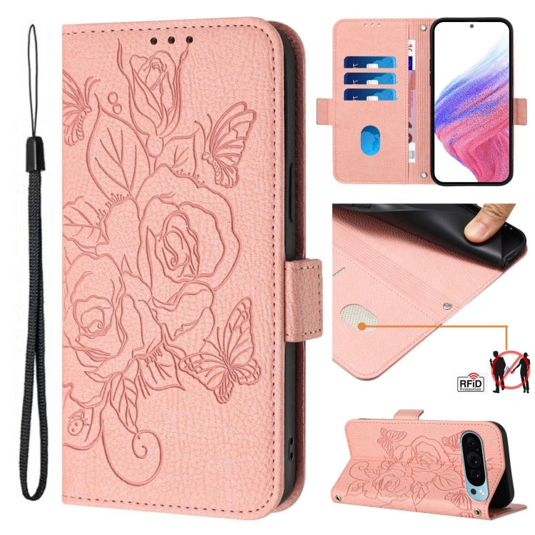 For Google Pixel 9 / 9 Pro Embossed Rose RFID Anti-theft Leather Phone Case(Pink) by buy2fix