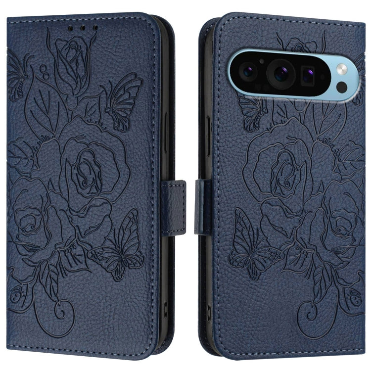 For Google Pixel 9 / 9 Pro Embossed Rose RFID Anti-theft Leather Phone Case(Dark Blue) by buy2fix