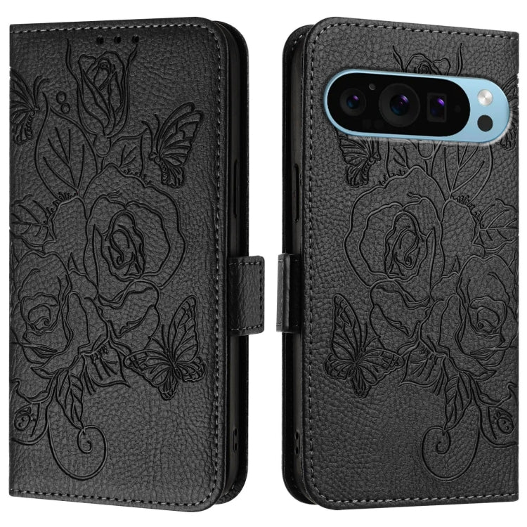 For Google Pixel 9 / 9 Pro Embossed Rose RFID Anti-theft Leather Phone Case(Black) by buy2fix