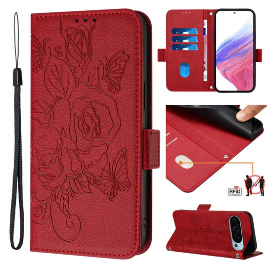 For Google Pixel 9 Pro XL Embossed Rose RFID Anti-theft Leather Phone Case(Red)