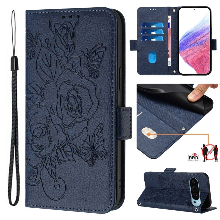 For Google Pixel 9 Pro XL Embossed Rose RFID Anti-theft Leather Phone Case(Dark Blue) by buy2fix