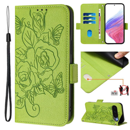 For Google Pixel 10 5G / 10 Pro 5G Global Embossed Rose RFID Anti-theft Leather Phone Case(Green) - Google Cases by buy2fix | Online Shopping UK | buy2fix