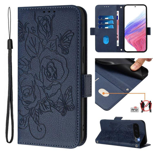 For Google Pixel 10 5G / 10 Pro 5G Global Embossed Rose RFID Anti-theft Leather Phone Case(Dark Blue) - Google Cases by buy2fix | Online Shopping UK | buy2fix