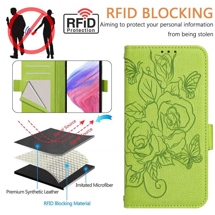 For Google Pixel 10 Pro XL 5G Global Embossed Rose RFID Anti-theft Leather Phone Case(Green) - Google Cases by buy2fix | Online Shopping UK | buy2fix