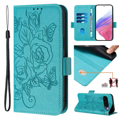 For Google Pixel 10 Pro XL 5G Global Embossed Rose RFID Anti-theft Leather Phone Case(Light Blue) - Google Cases by buy2fix | Online Shopping UK | buy2fix