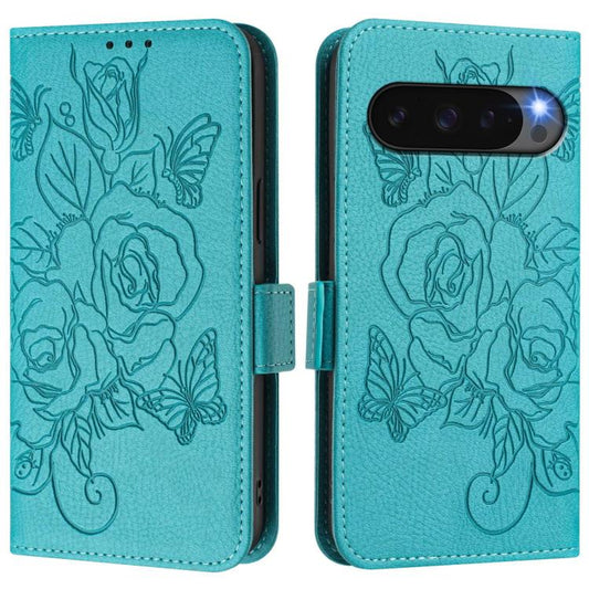 For Google Pixel 10 Pro XL 5G Global Embossed Rose RFID Anti-theft Leather Phone Case(Light Blue) - Google Cases by buy2fix | Online Shopping UK | buy2fix